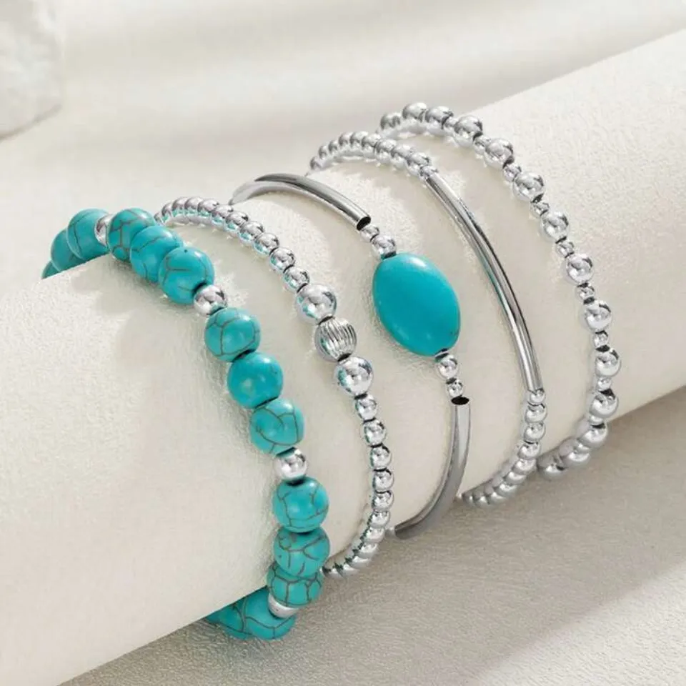 🗺️🗺️🗺️BOGOHO🗺️🗺️🗺️Silver and Turquoise Beaded Bracelet Set Silver - Image 2