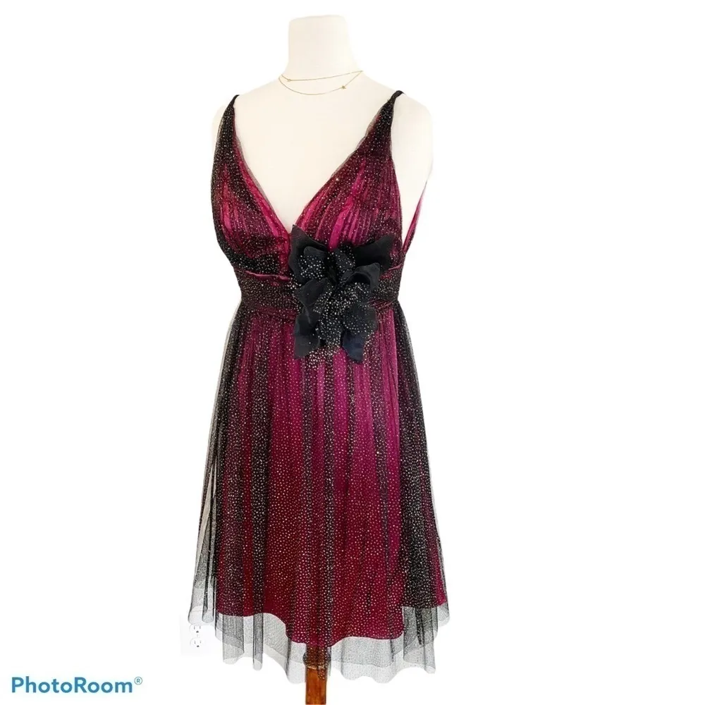 JOVANI Fuschia & Black Glitter Tulle Cocktail Dress Size 4 - Image 2