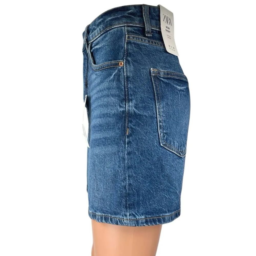NEW Zara Women's Blue High Waisted Boyfriend Bermuda Denim Jean Shorts Size 32 - Image 2