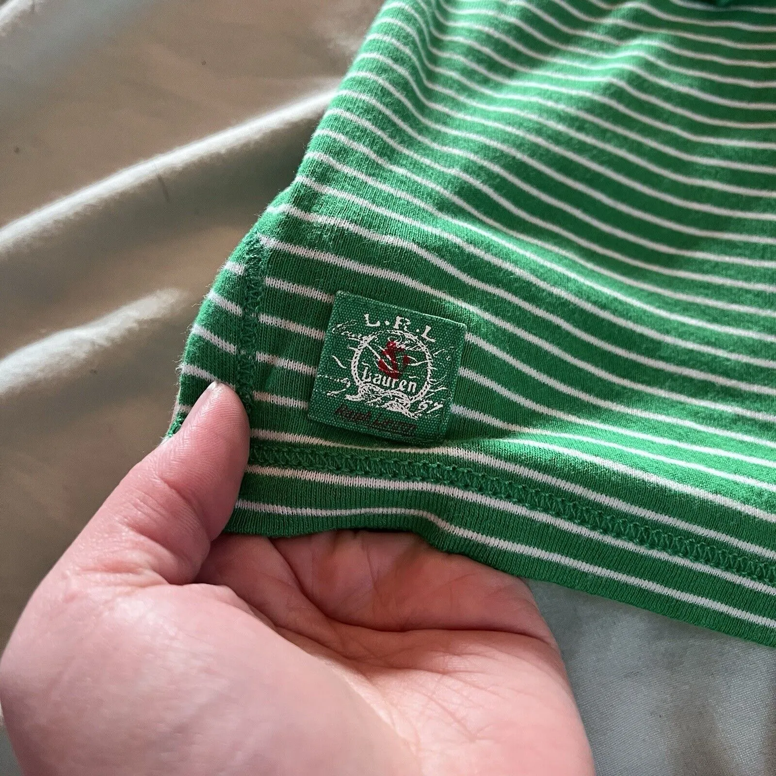 LRL Lauren Ralph Lauren Green White Striped 3/4 Sleeve Cross Ties Shoulder L - Image 2