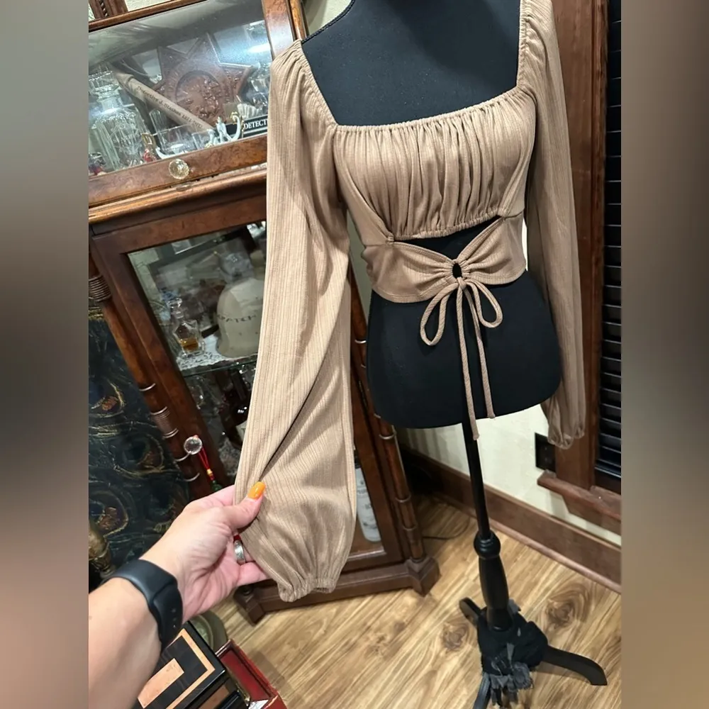 Mixed Treads Light Brown Crop Top Balloon Sleeve Large Tan - Image 2