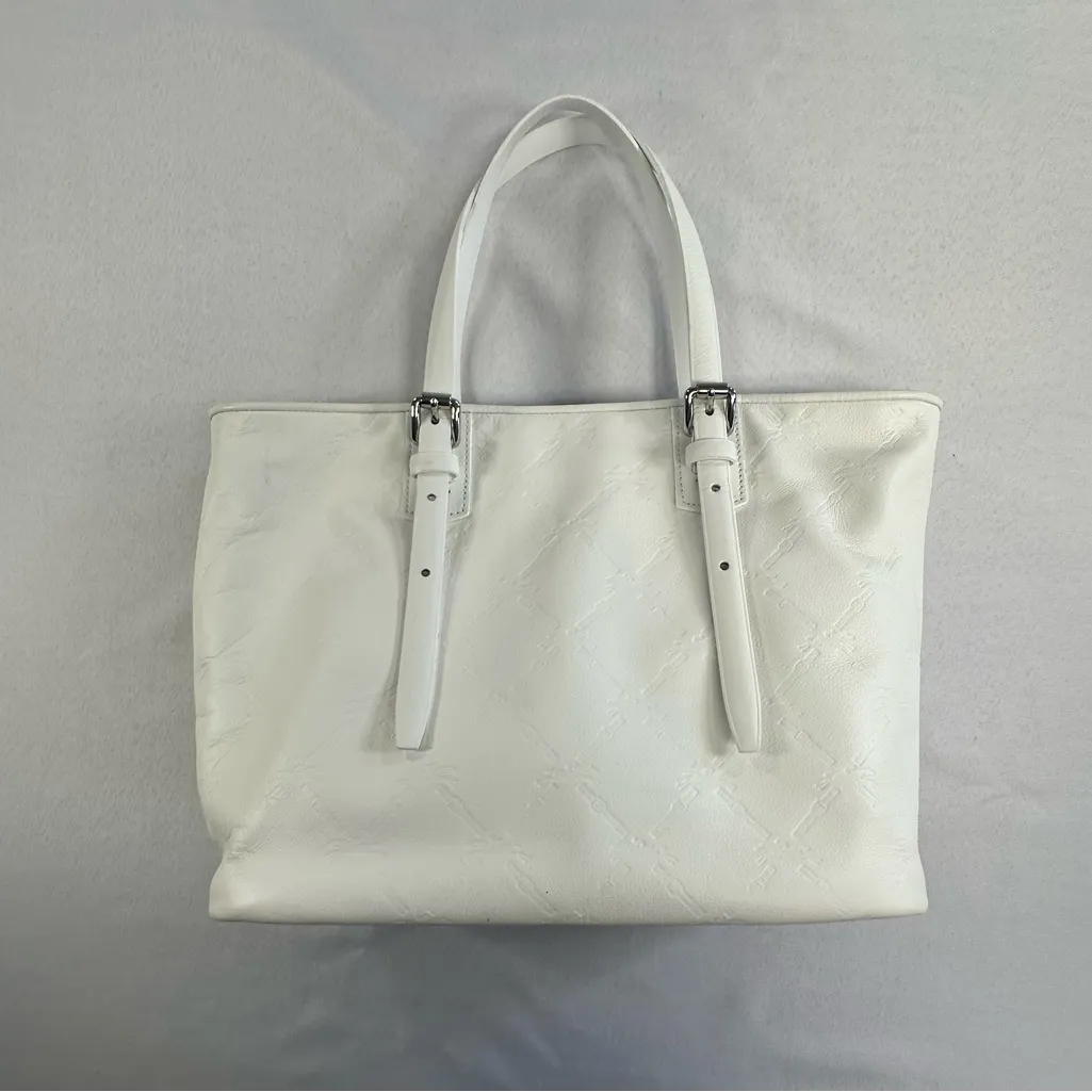 Longchamp • LM Cuir Embossed Logo Metal Luggage Tag White Double Shoulder RARE - Image 4