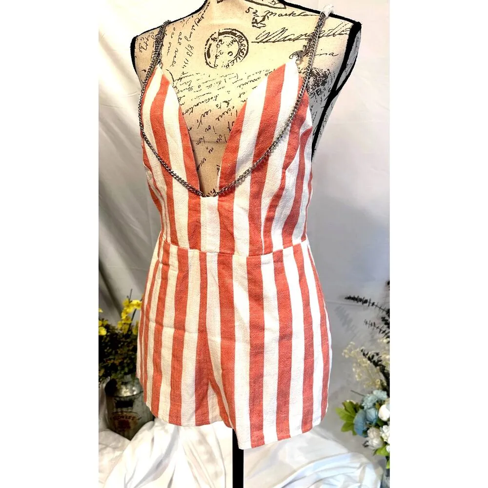 Millau Linen Romper Fully Lined Chain Straps Chain Accents S Orange - Image 12
