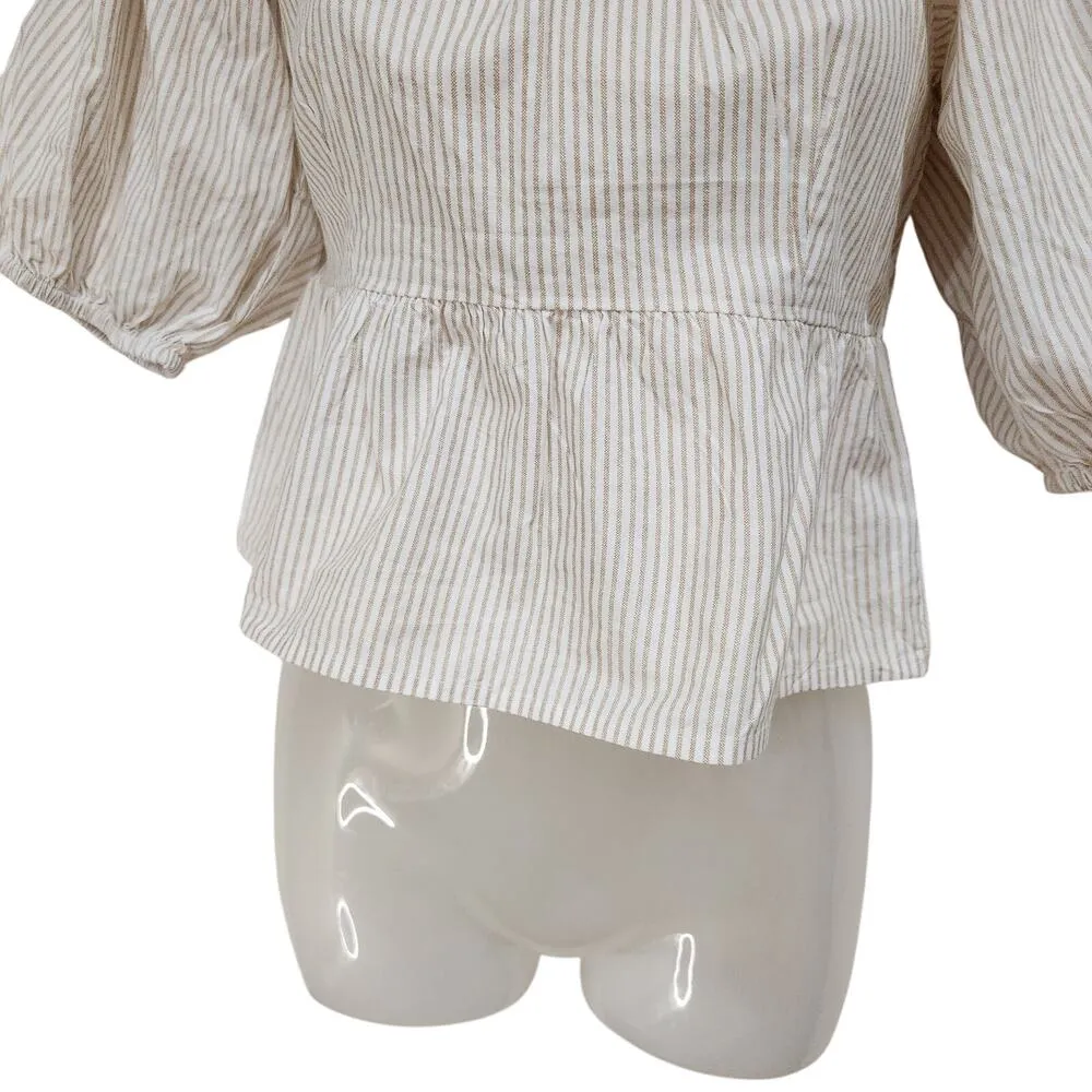 Sim & Sam Cottagecore Blouse Puff Sleeve Square Neck Striped White Tan Medium - Image 5