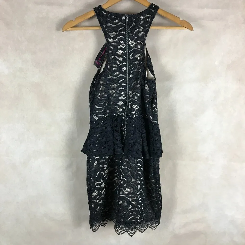 Material Girl Black/Tan Peplum Lace Bodycon Dress NWT XS - Image 3