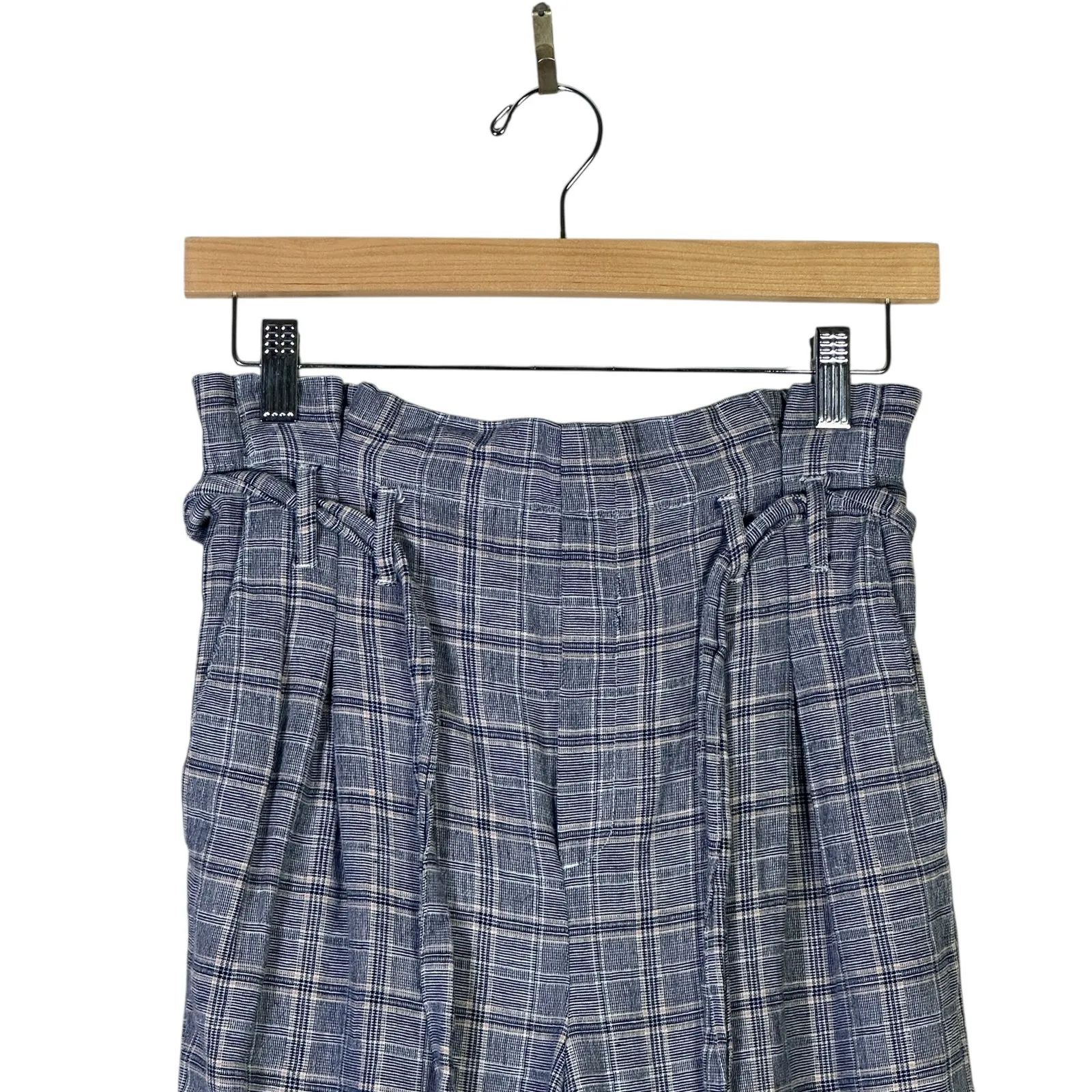 American Eagle Paperbag Pants Womens S Blue Plaid High Rise Tapered Cotton Linen - Image 3