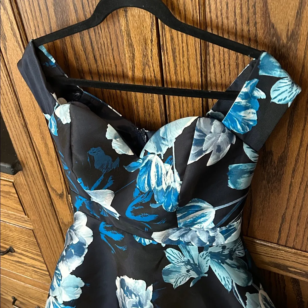 Windsor Blue Ember Satin Floral Formal Hoco Mini Dress Off Shoulder Sweetheart 8 - Image 3