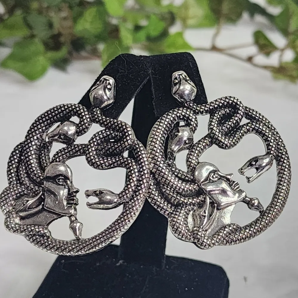 Unique Silver Medusa with Snake Statement Earrings - Image 3