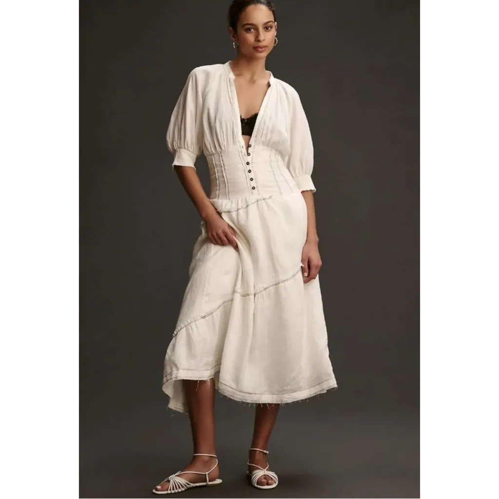 Anthropologie Ethereal Bohemian V-Neck Corset Midi Shirt Dress in White Size XL - Image 13