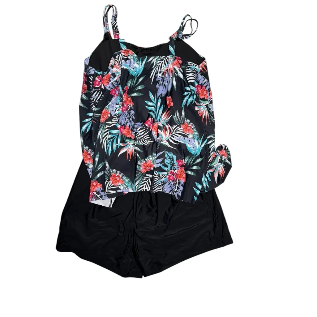 Hanna Nikole‎ tropical tankini shorts bikini 24W new Black - Image 2