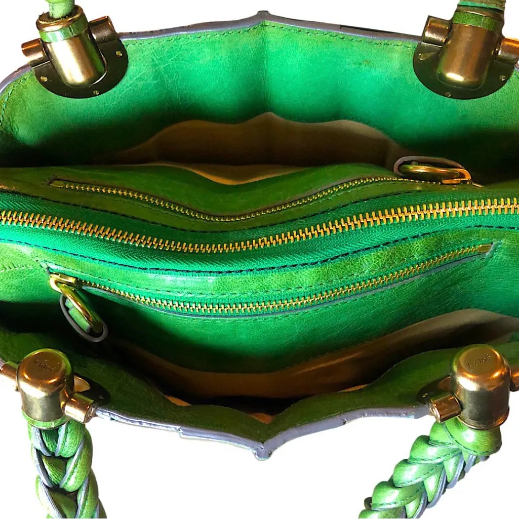 CHLOE Heloise Green Leather Braided Handle Shoulder Bag with Zip Closure RARE - Image 8