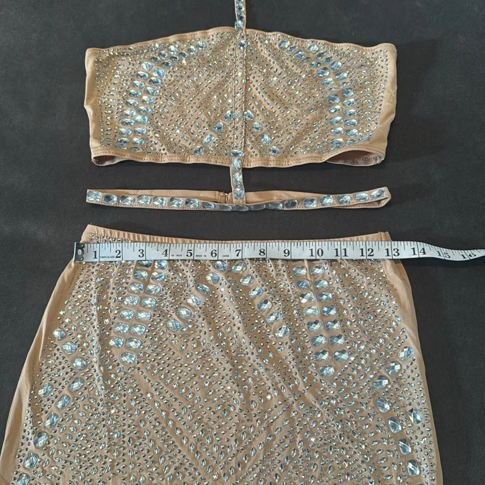 Sexy BodyCon Party 2 Piece Set Outfit Rhinestone Skirt & Halter Top Size M Tan Size M - Image 10