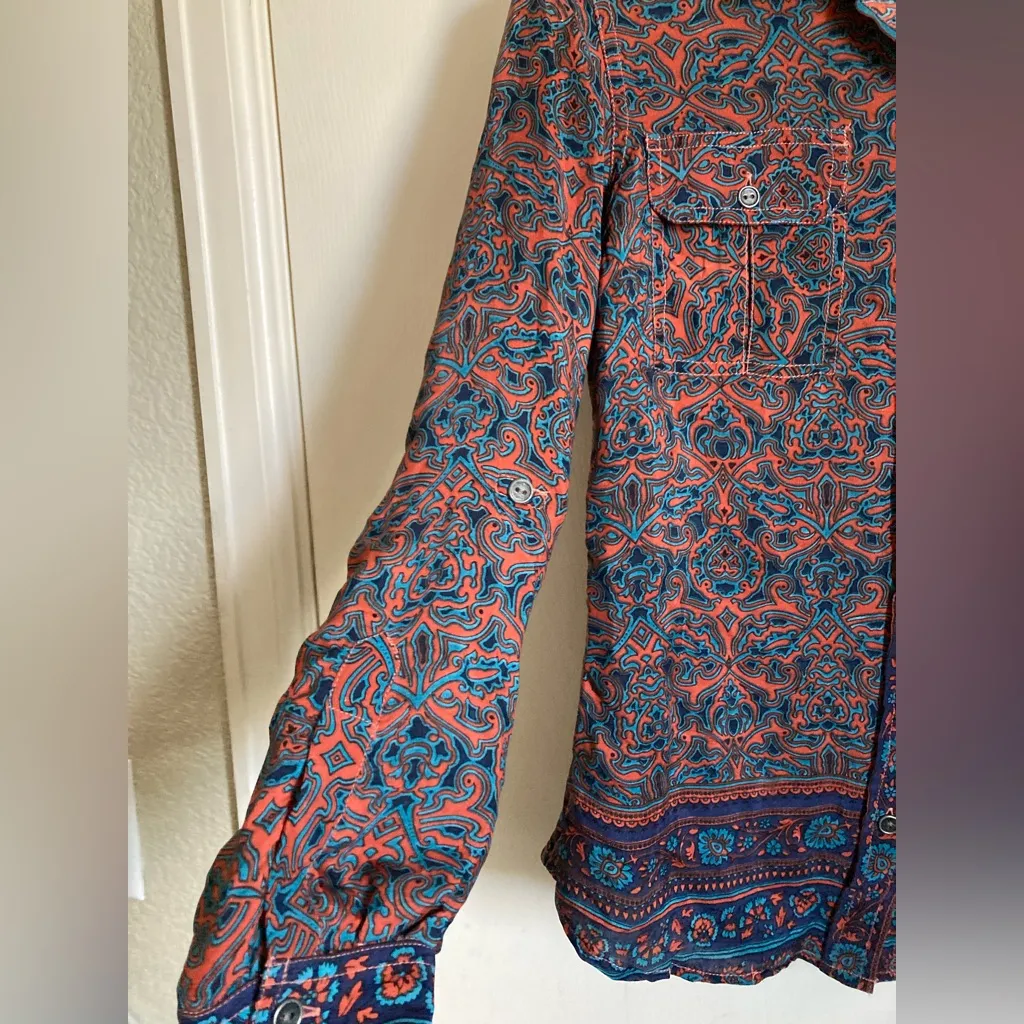 Lucky Brand Blue Orange Paisley 100% Silk Boho Button Up Long Sleeve Blouse #Br - Image 7