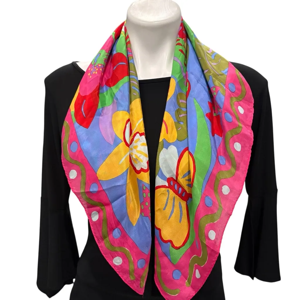 Ken Done Silk Scarf with Tropical Design Pink - Image 6