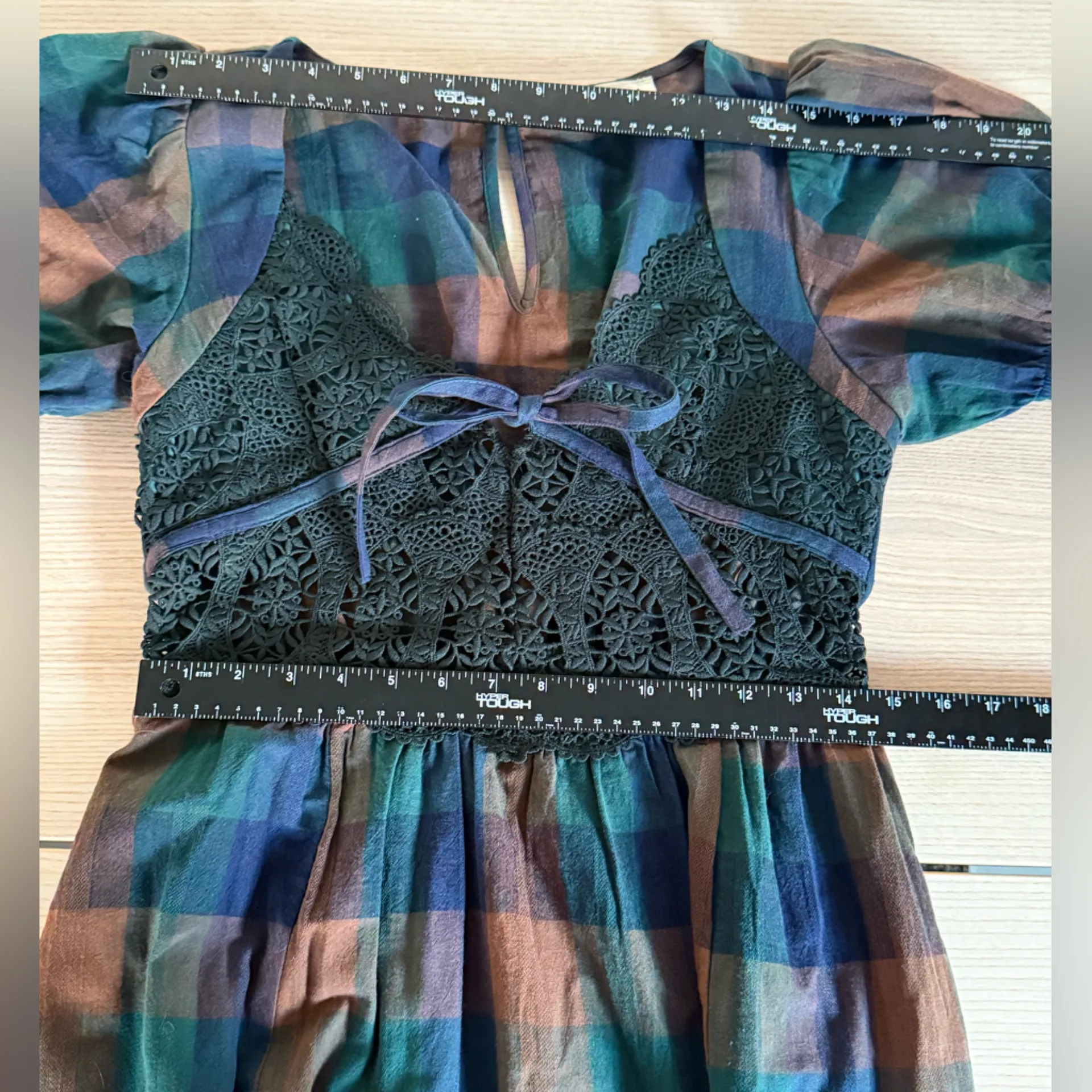 Cottage Country Plaid Lace Puff-Sleeve maxi Dress pockets size M - Image 9