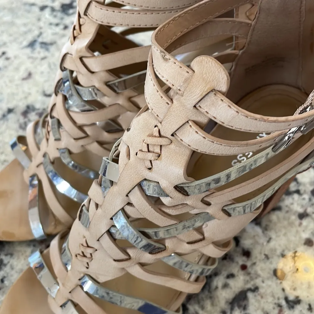 Light tan and silver gladiator style heeled sandals - Image 3