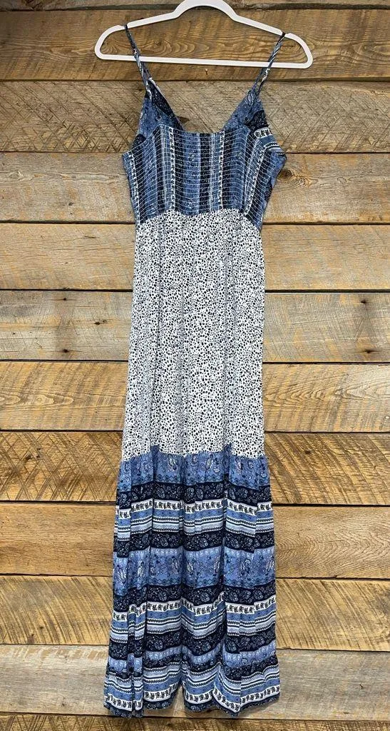 Japna Boho Sleeveless Maxi Dress Paisley Floral Smocked Large Blue White Summer - Image 3