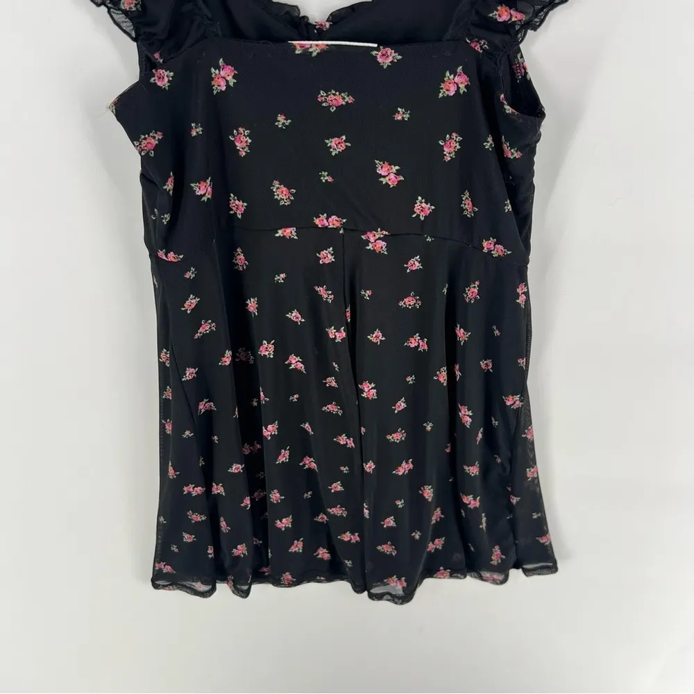 No‎ Boundaries Sheer Mesh Sweetheart Ruffle Trim Floral Print Babydoll Dress - Image 11