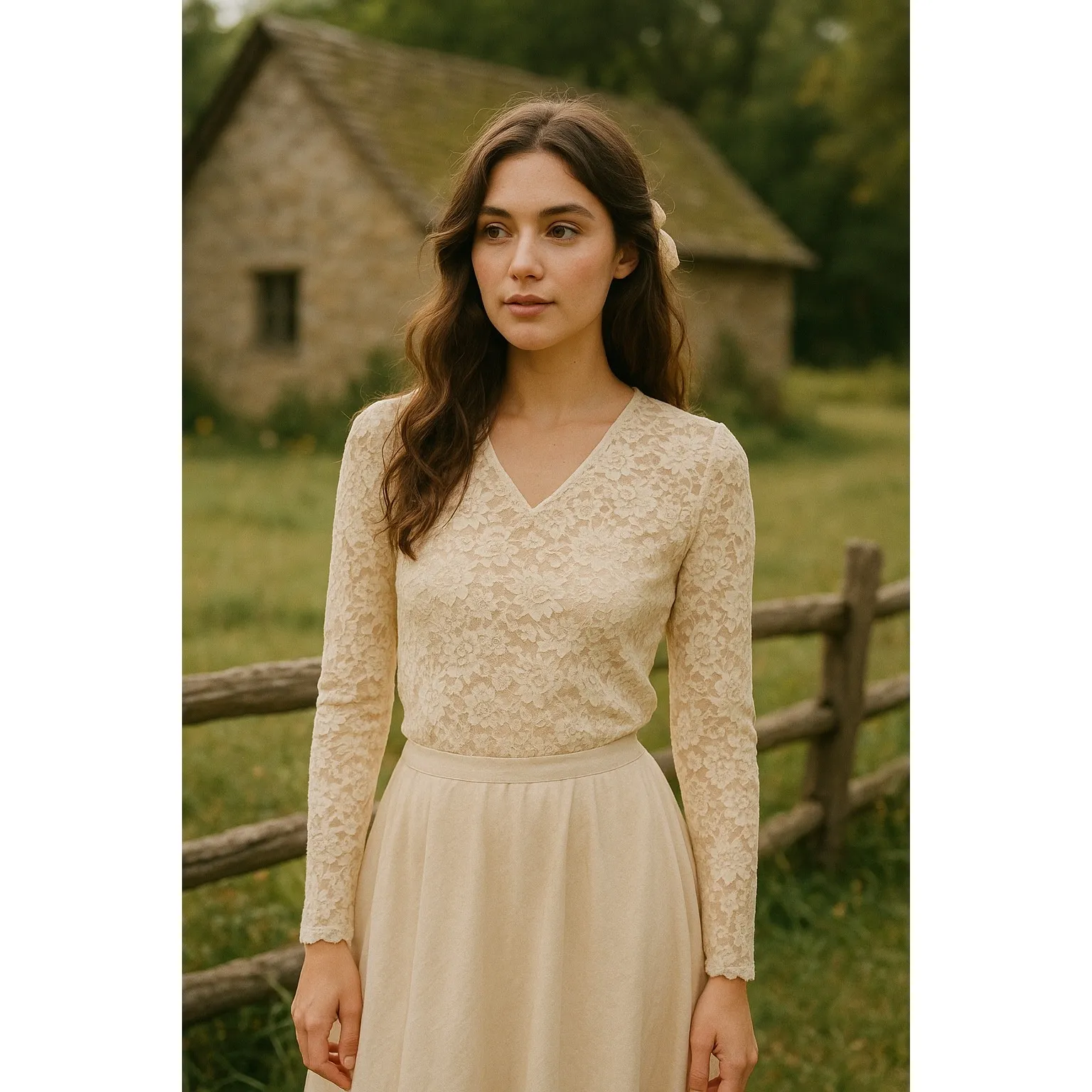 DIALOGUE Y2k Cream Lace Long Sleeve Top‎ M Victorian Fairy Romantic Cottage - Image 2