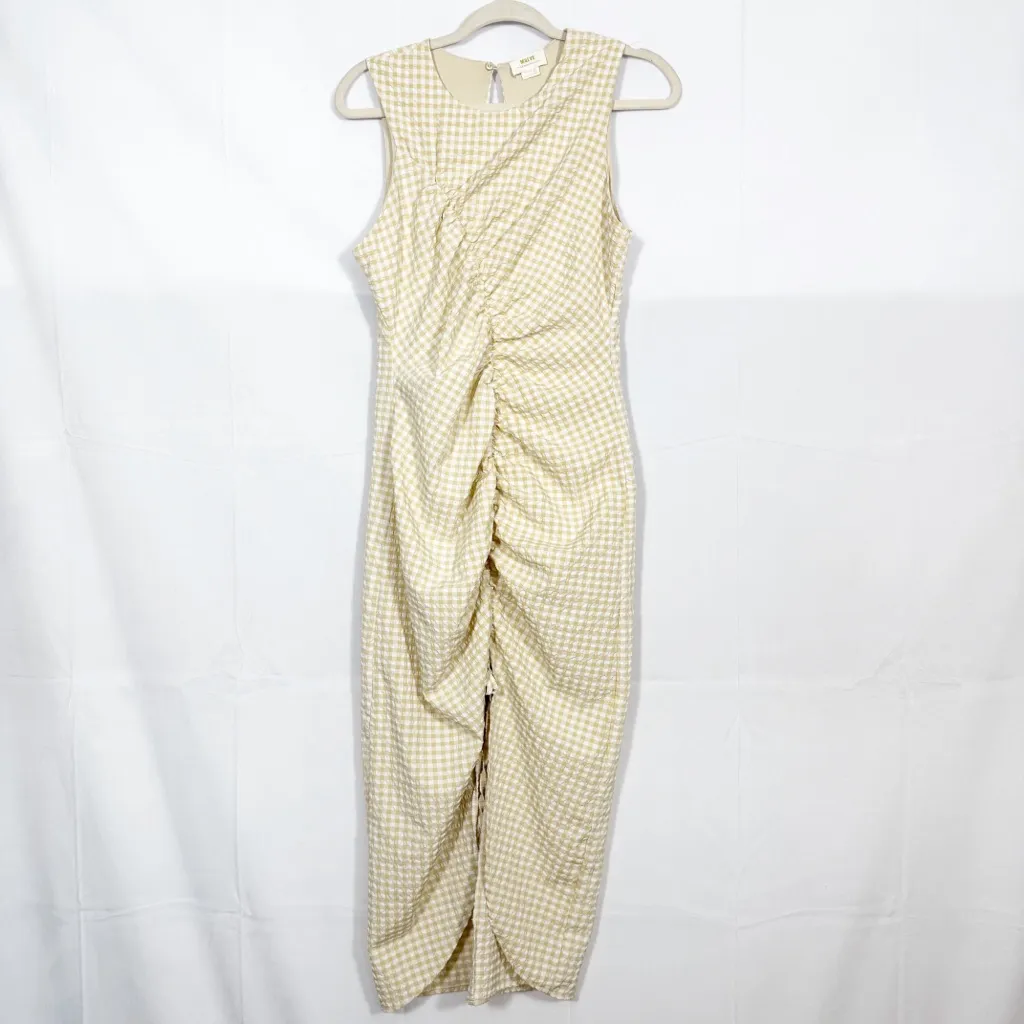 Maeve X Anthropologie Ruched Gingham Check Midi Dress Butterscotch Tan White - Image 3