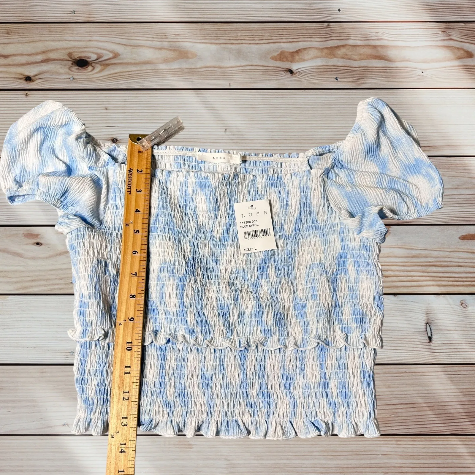 New Lush Smocked Crop Top Womans L Blue Swirl Puff Sleeve Tie Dye Summer Top‎ - Image 5