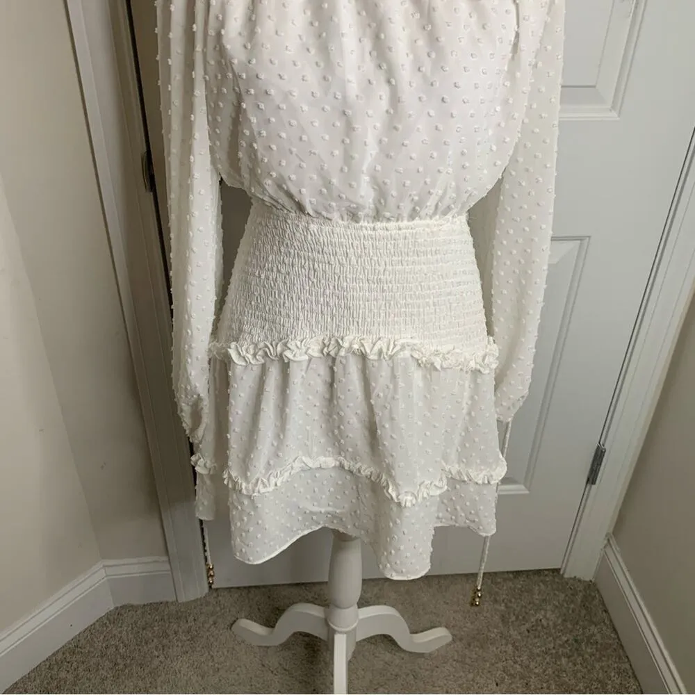 Sabo‎ skirt white tiered bardot swiss dot ruffle long sleeves dress size small - Image 2