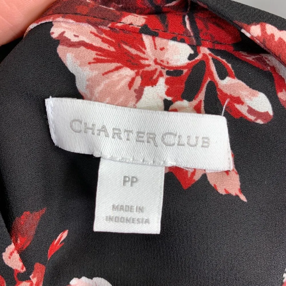 Charter Club Womens Blouse Top Houndstooth Floral Print Pullover Black Red PP - Image 11