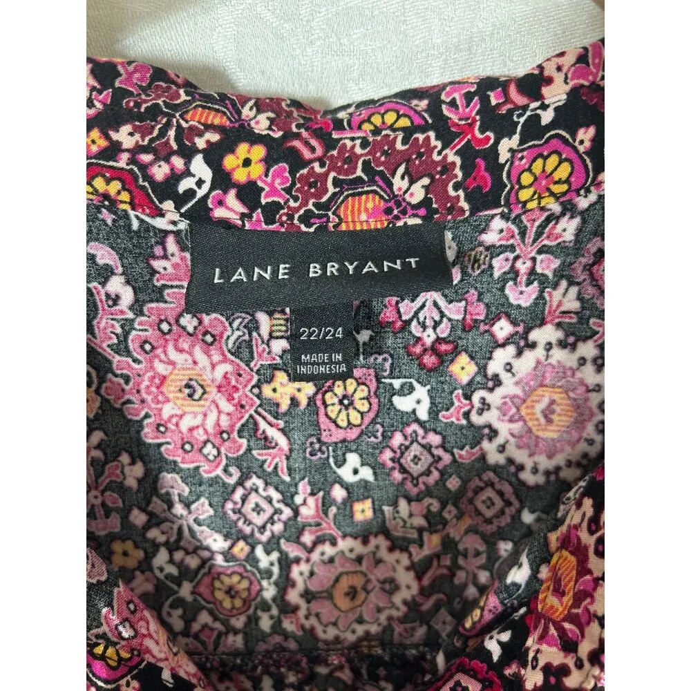 Lane Bryant Tunic 22 24 Black Pink Floral Shirt Dress Roll Tab Boho Flowy Long - Image 8