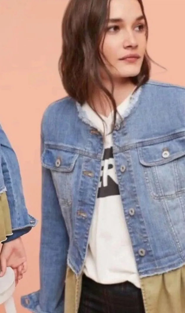 Pilcro and the Letterpress Small Denim Jacket Olive Green Ruffle Hem Womens - Image 1