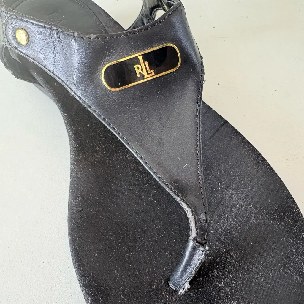 Ralph Lauren Women’s Black Pu Leather Sling Back Thong Sandals Size 8 - Image 3