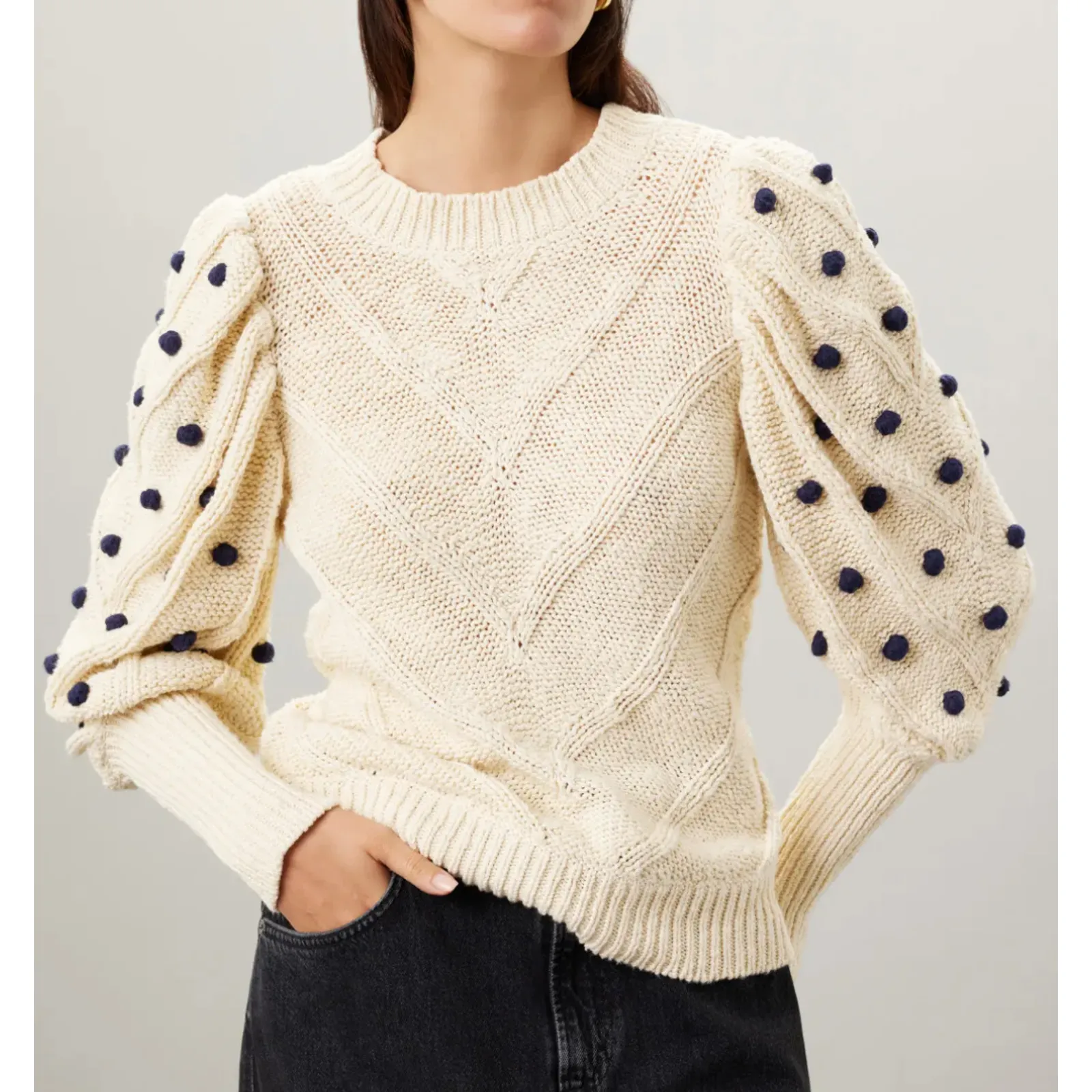 Marie Oliver White Balloon Sleeve Sweater XL Cottage Cotton Bobble Designer $258 - Image 2