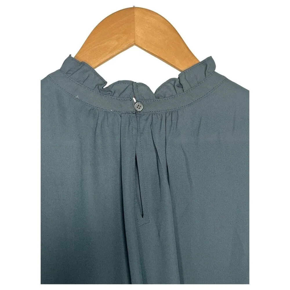 New Loft Top Womens M Sheer High Ruffle Neck Pleated Short Sleeve Blouse Green - Image 4