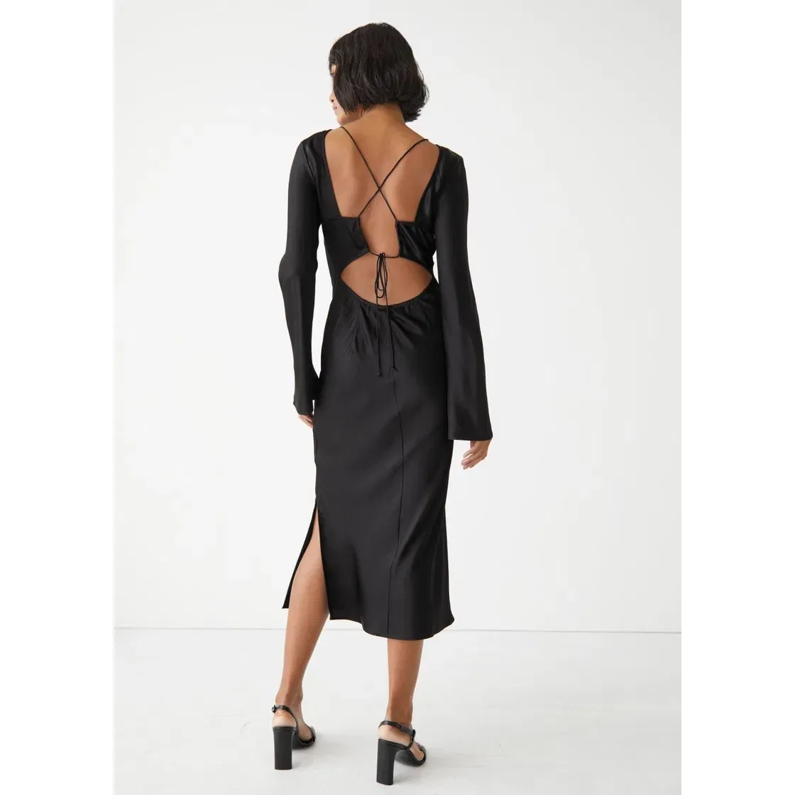 & Other Stories Open Back Midi Dress Size Small Black Satin Long Sleeve Cocktail - Image 14