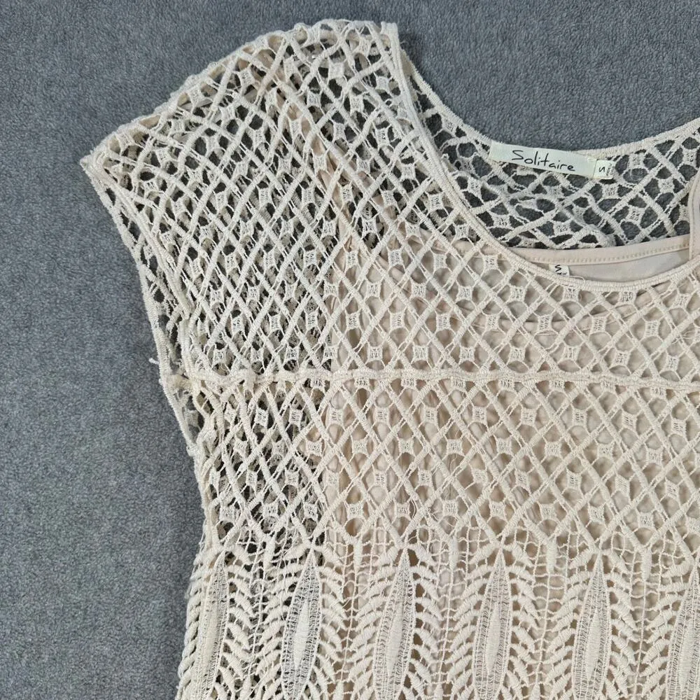 Solitaire Boho Crochet Cap Sleeve Dress Women's Small Beige Slip Beachy Sheer - Image 2