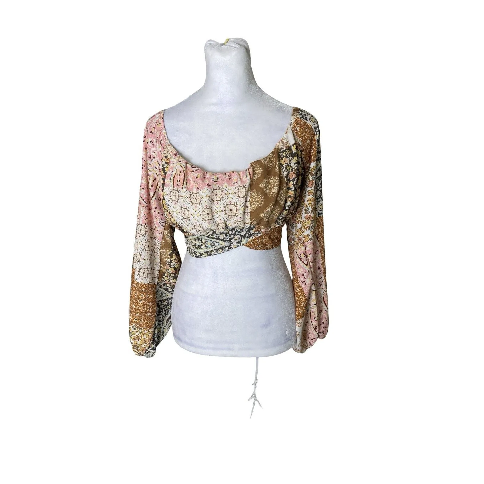 Altar'd State Pink Brown Patchwork Boho Crop Top Small Long Sleeve Tie Front - Image 10