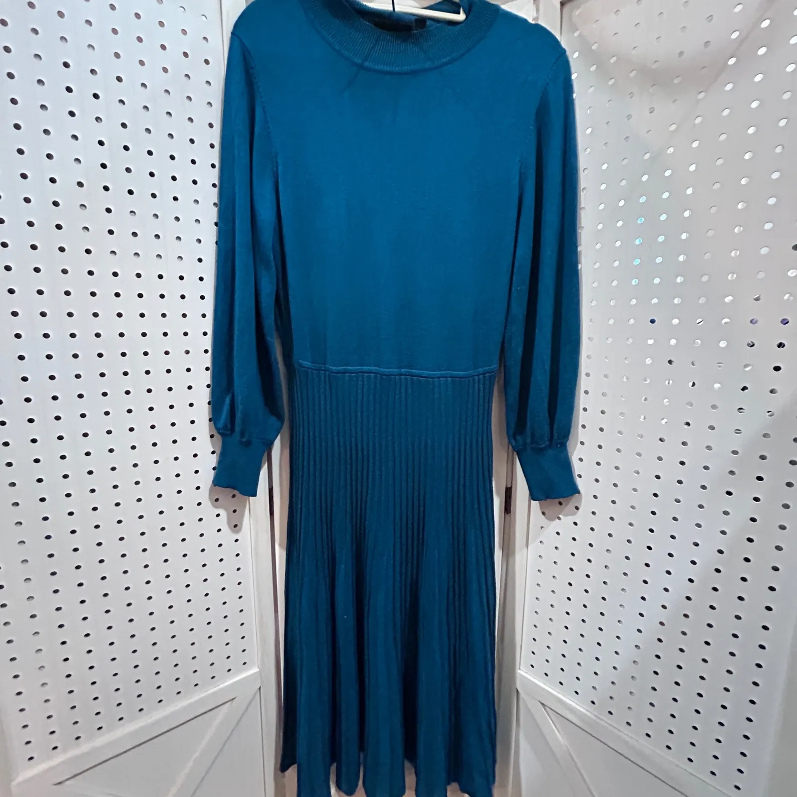 Ninal Leonard Teal Knit Mock Neck Sweater Dress Ribbed Midi Long Sleeve Size L Blue Size L - Image 2