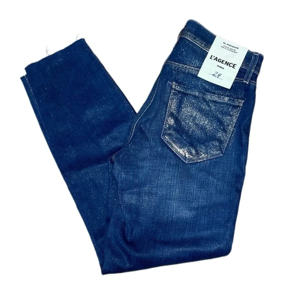 L'AGENCE Women’s El Matador Glitter-Coated Stretch Slim-Fit Jeans Sz 24 - Image 4