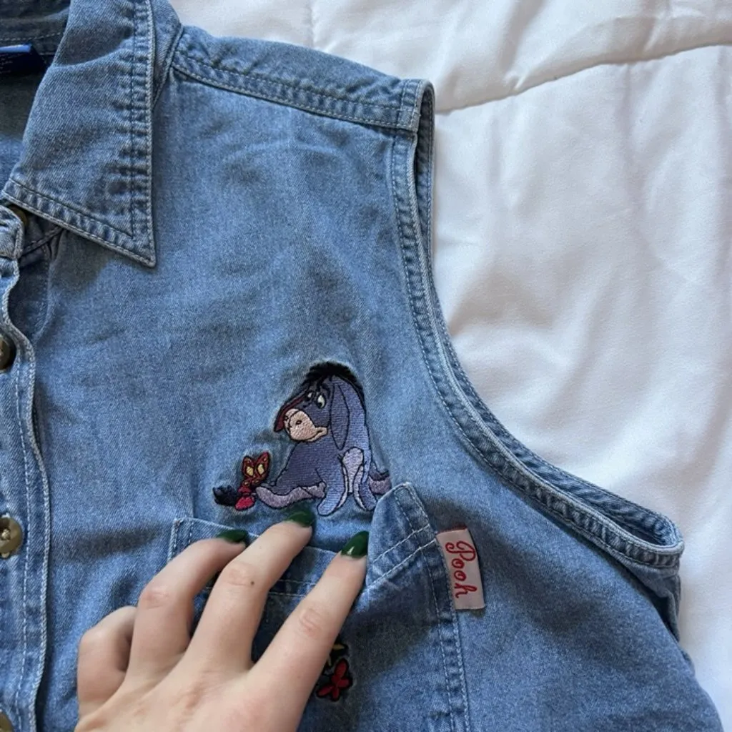 Vintage 90s Pooh Eeyore Embroidered Denim Jean Blouse Disney Tank Womens Large - Image 3