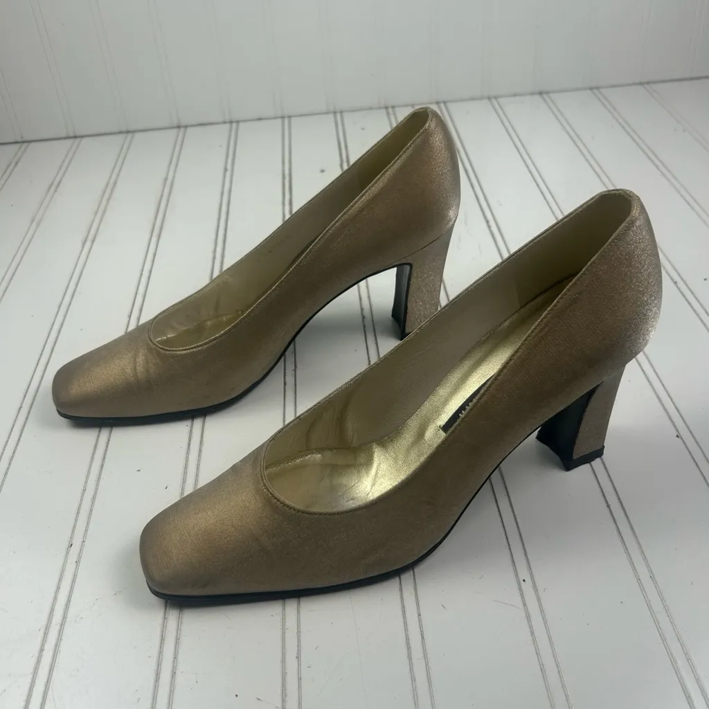 Stuart Weitzman Vintage Rare Gold Fabric Block Heel Dress Shoes Women’s 7–7.5 - Image 5