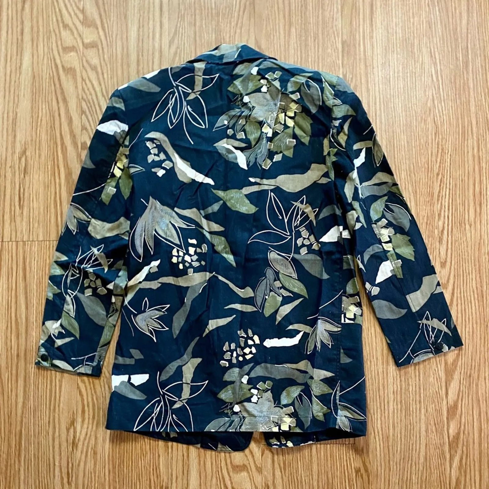 Rafaella Vintage Oversized Black Green Floral Ramie Blazer Womens 8 - Image 11