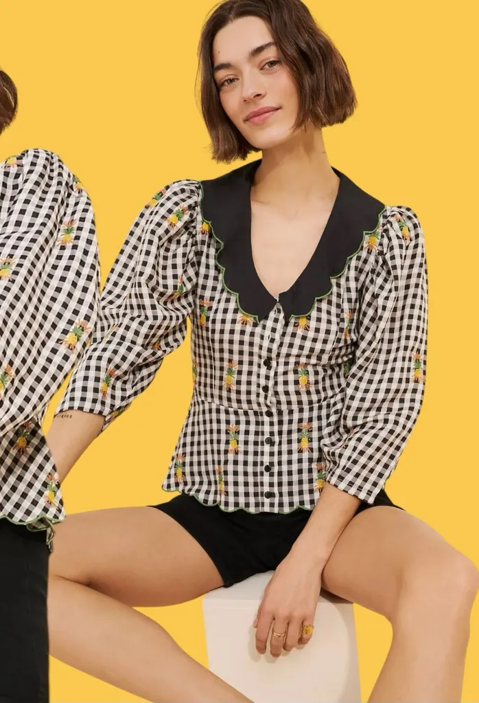 Farm Rio Cottage Linen Blend Peter Pan Collar Gingham Embroidered Top Large - Image 1