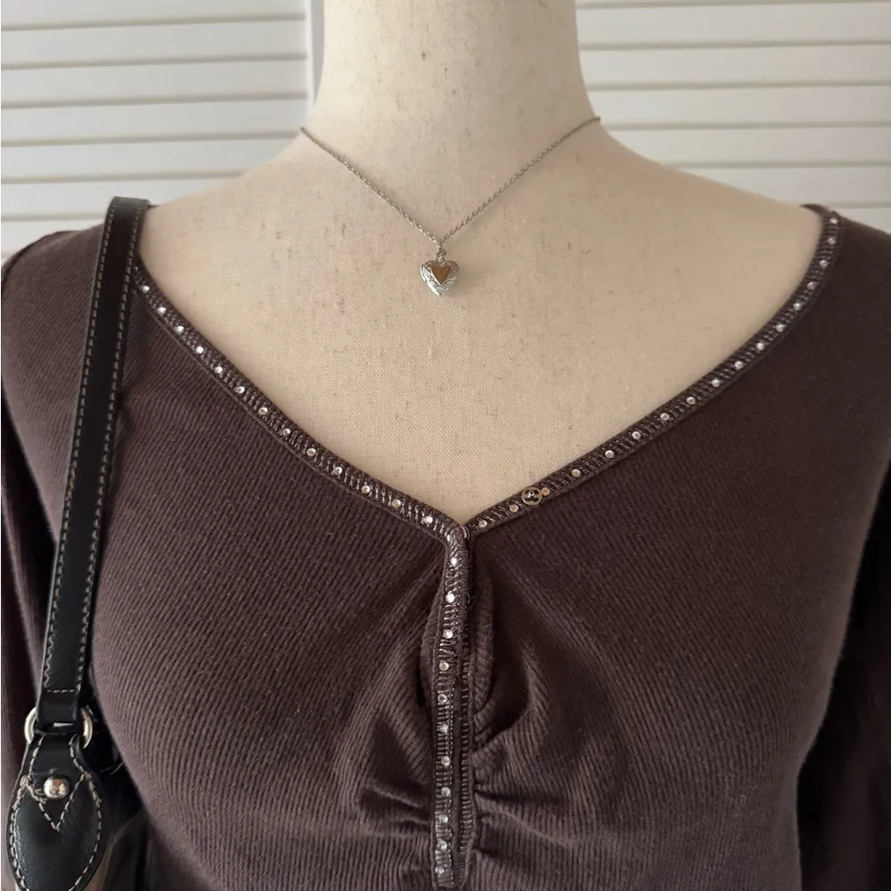 Express Brown Rhinestone Hemline Ribbed Long Sleeve Shirt - Image 3