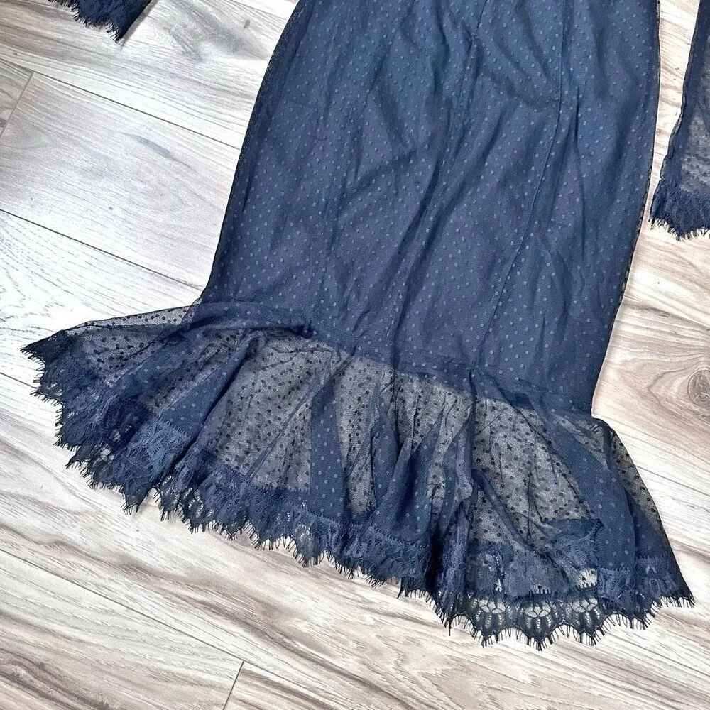 LIKELY | LBD Little Black Dress Ruffle Wide Long Sleeve Lace Overlay | Size 6 - Image 9