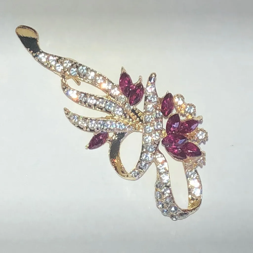Elegant Gold Tone and Pink Rhinestone Floral Brooch - Image 2
