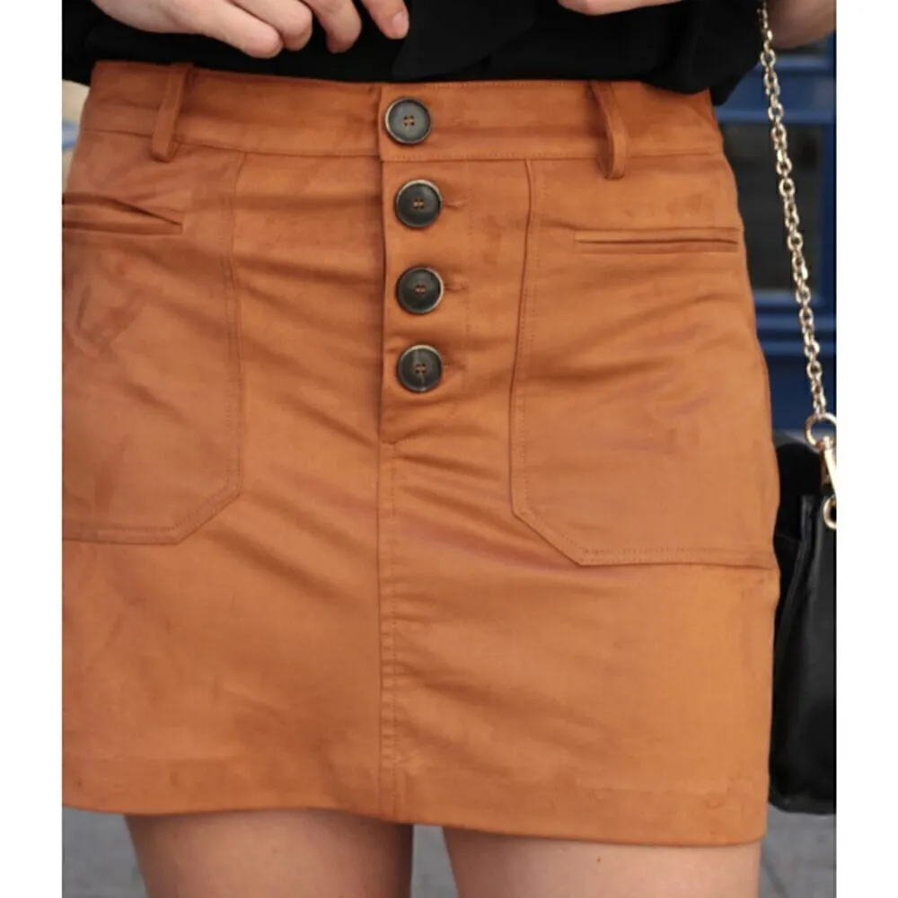 NEW NWT ZARA TRAFALUC TRF Faux Suede Mini Skirt Solid Brown High Waisted Button - Image 4