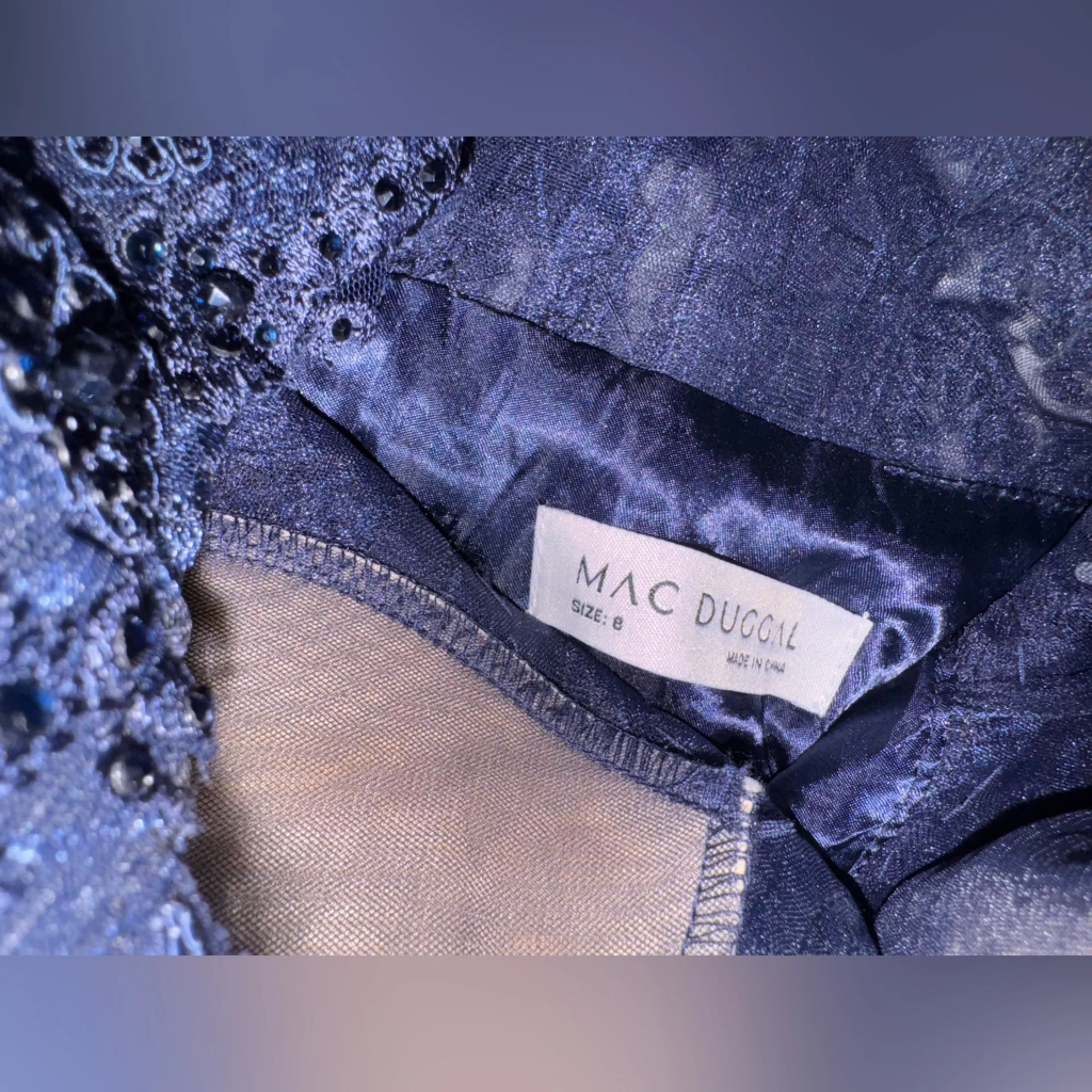 NEW Mac Duggal Navy Blue Sequined Applique Empire Waist Flowy Gown Size 8 $598 - Image 3