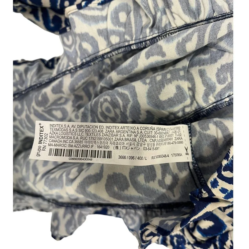 Zara Dress Womens L Geometric Ruffle Keyhole Tie Long Balloon Sleeve Blue White - Image 6