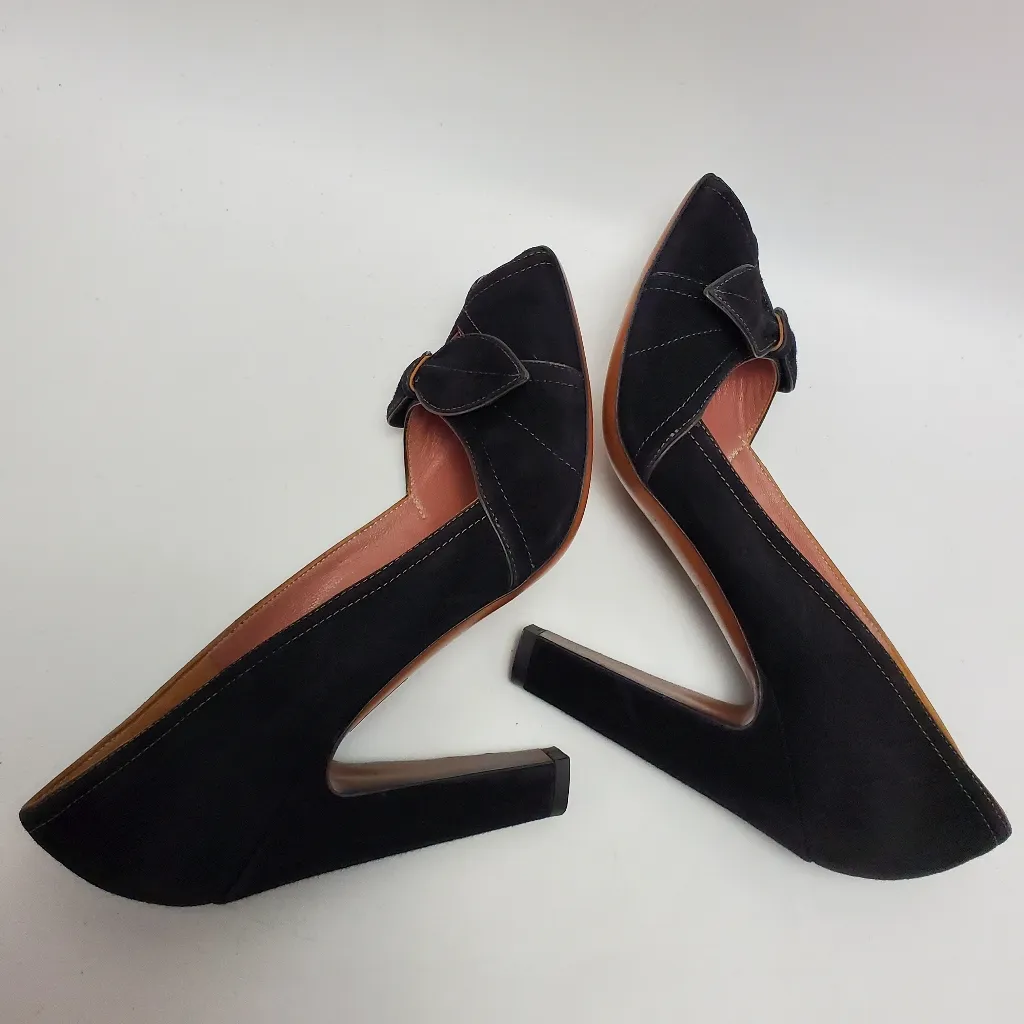 Alaia Calzature Suede Crepe Leather Bow Accent Peep Toe Heels Pump Black Size 38 - Image 10