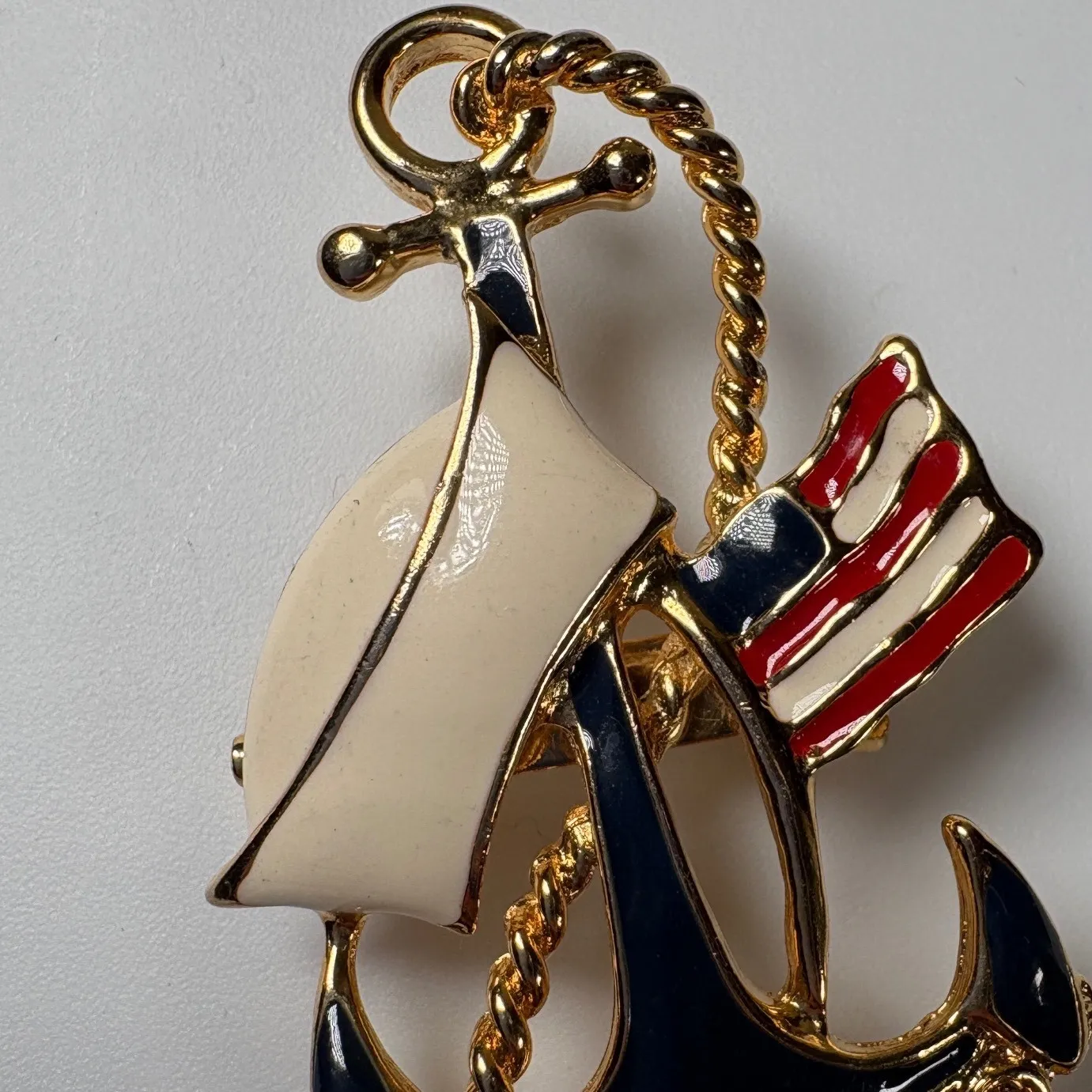Nautical Brooch Pin Anchor Sailboat American Flag Enamel Gold Tone - Image 4