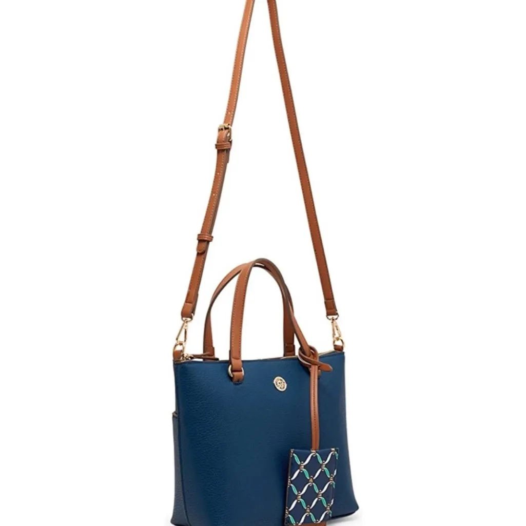 Anne Klein Navy/Brown Alex Varsity Satchel Purse w/ID holder and Crossbody Strap - Image 4